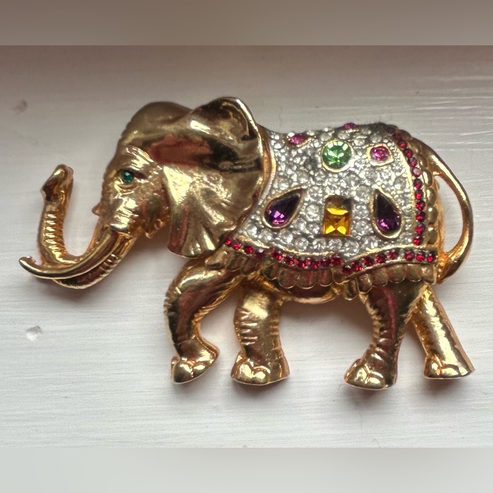 Vintage Gold Elephant Brooch with Colorful Gems